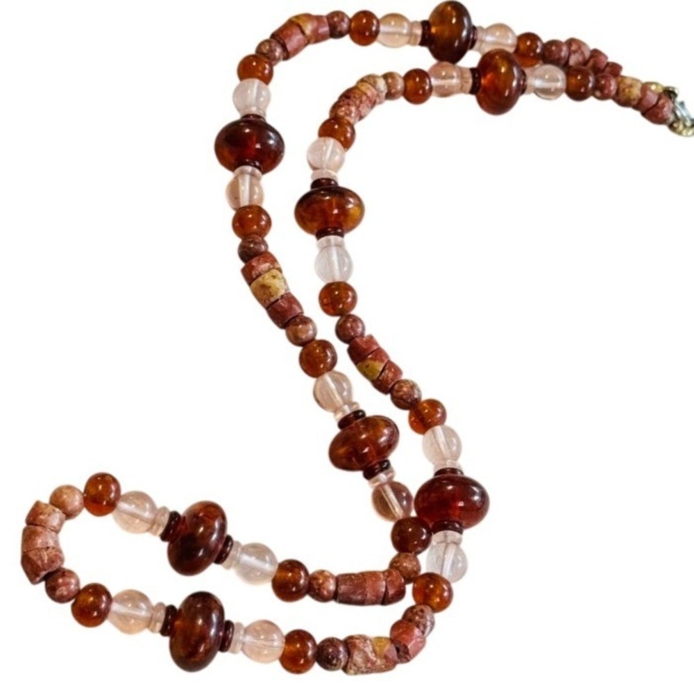 Vtg BOHO Necklace Amber rose quartz clay Beaded collar rare 1970s 23"